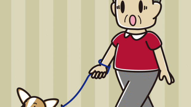 犬の散歩で驚くおじさんのイラスト【色、背景あり】PNG