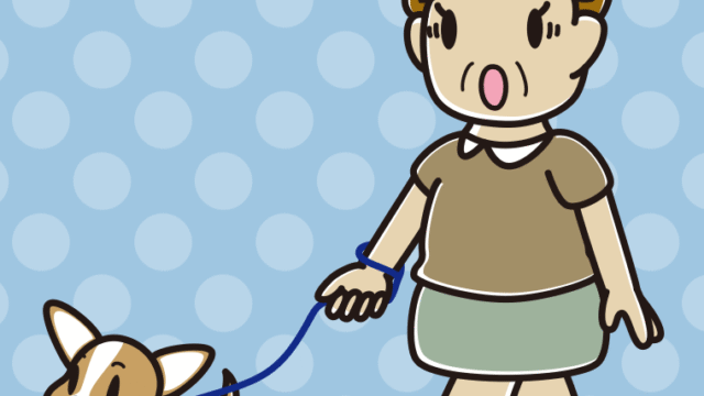犬の散歩で驚くおばさんのイラスト【色、背景あり】PNG