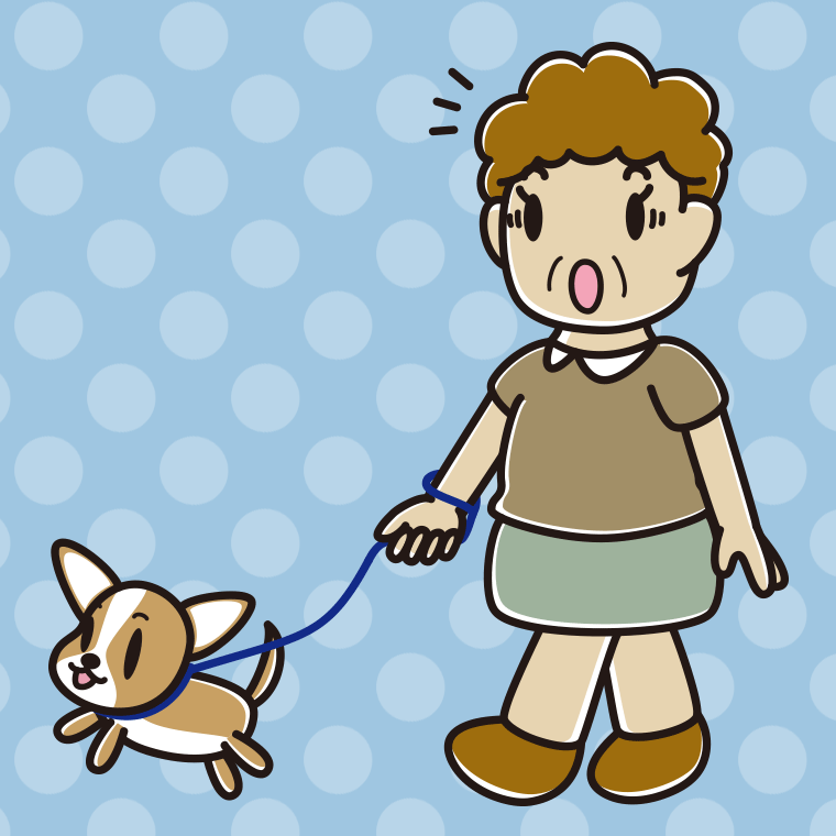 犬の散歩で驚くおばさんのイラスト【色、背景あり】PNG