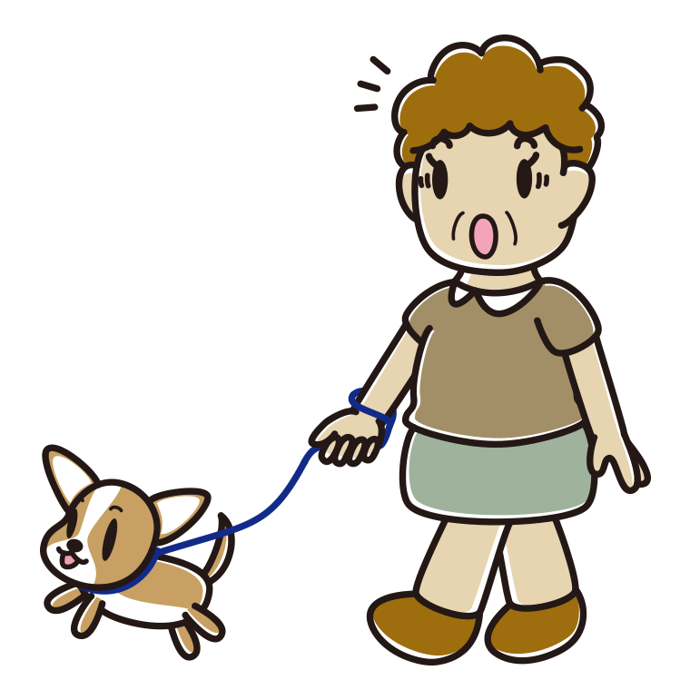 犬の散歩で驚くおばさんのイラスト【色あり、背景なし】透過PNG