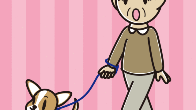 犬の散歩で驚くおじいさんのイラスト【色、背景あり】PNG