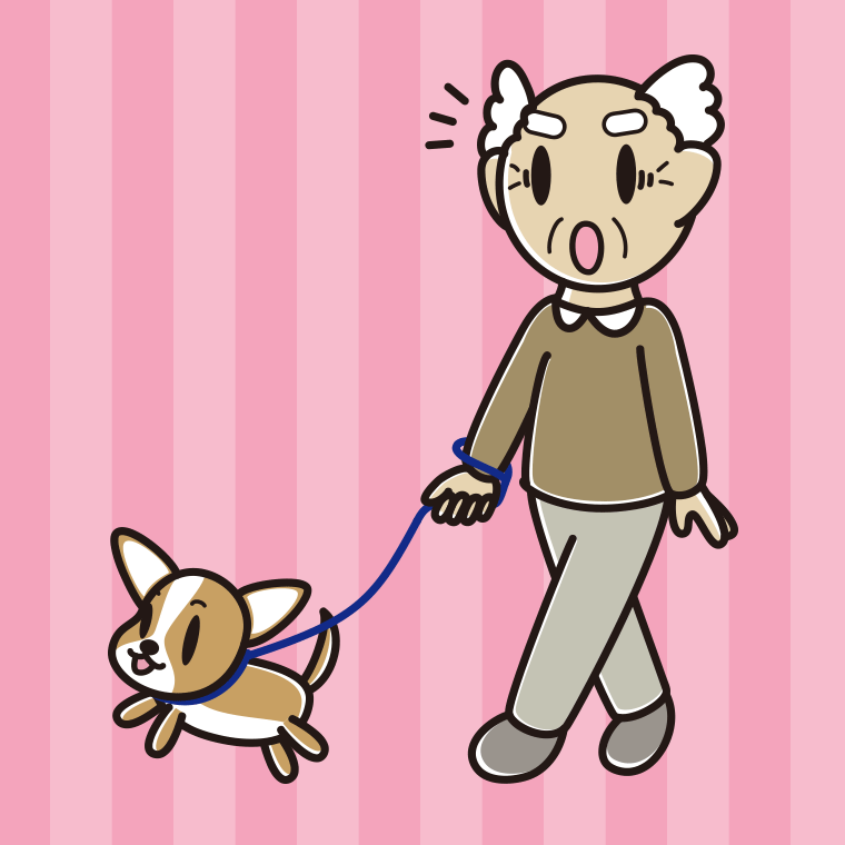 犬の散歩で驚くおじいさんのイラスト【色、背景あり】PNG