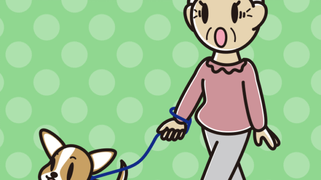 犬の散歩で驚くおばあさんのイラスト【色、背景あり】PNG