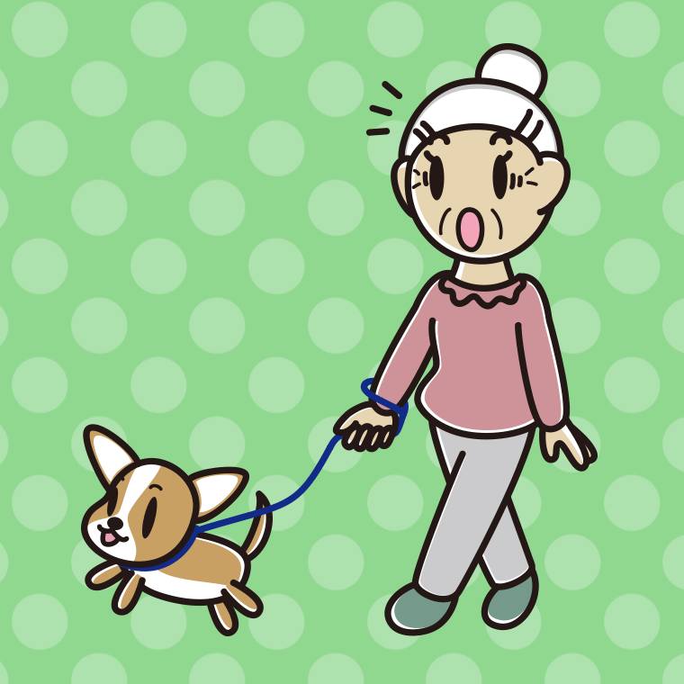 犬の散歩で驚くおばあさんのイラスト【色、背景あり】PNG