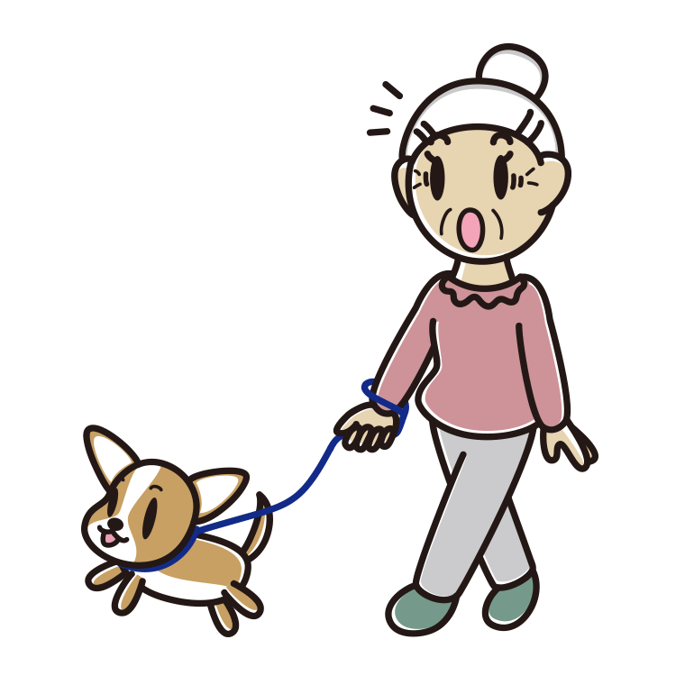 犬の散歩で驚くおばあさんのイラスト【色あり、背景なし】透過PNG
