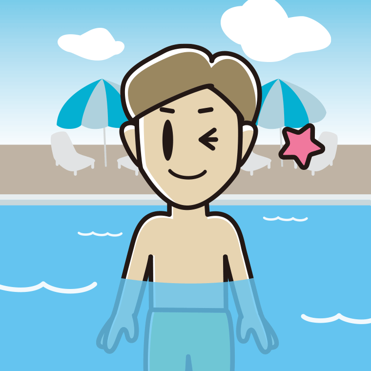 プールに入ってウインクする男性のイラスト【色、背景あり】PNG
