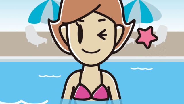 プールに入ってウインクする女性のイラスト【色、背景あり】PNG