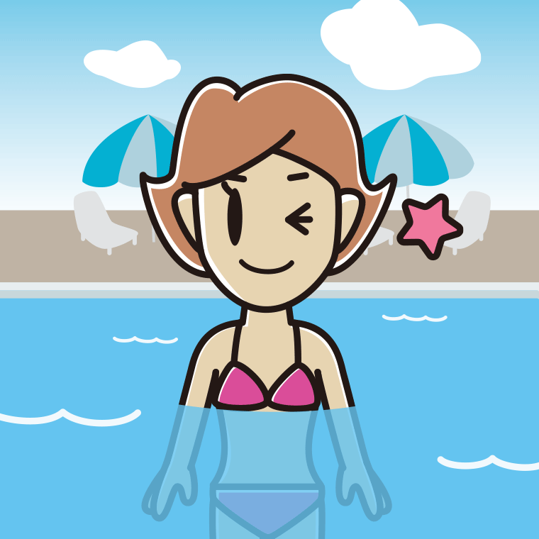 プールに入ってウインクする女性のイラスト【色、背景あり】PNG