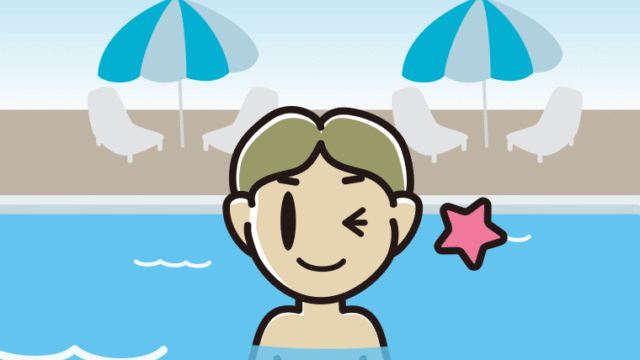 プールに入ってウインクする小学生男子のイラスト【色、背景あり】PNG