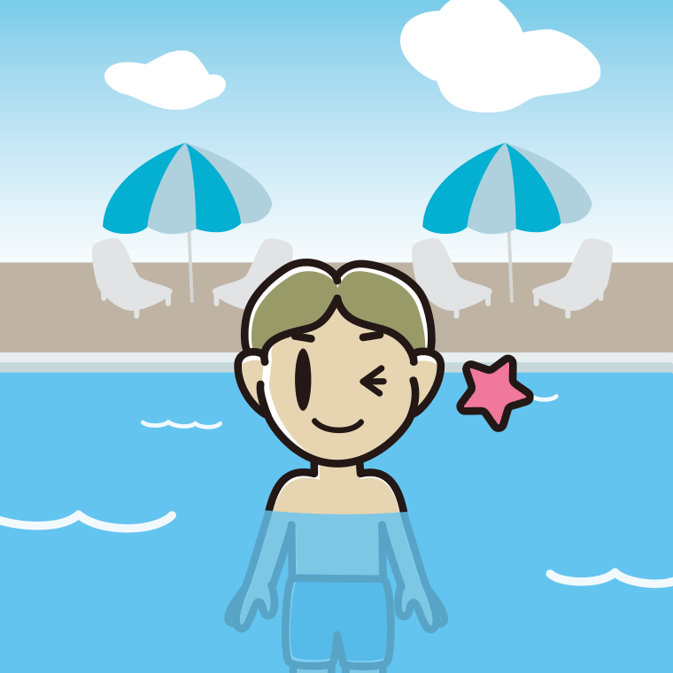 プールに入ってウインクする小学生男子のイラスト【色、背景あり】PNG