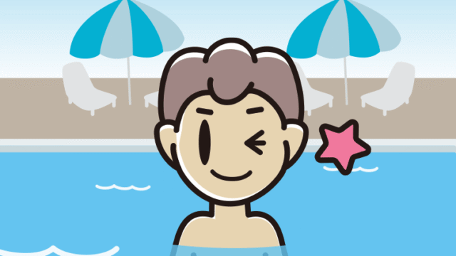 プールに入ってウインクする男子中学生のイラスト【色、背景あり】PNG