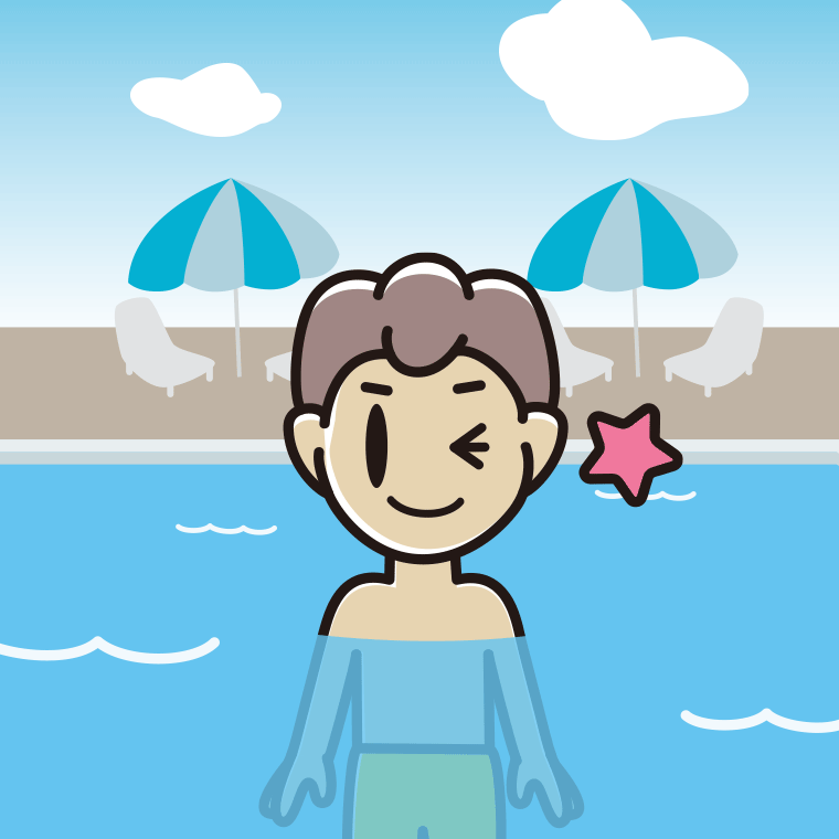 プールに入ってウインクする男子中学生のイラスト【色、背景あり】PNG