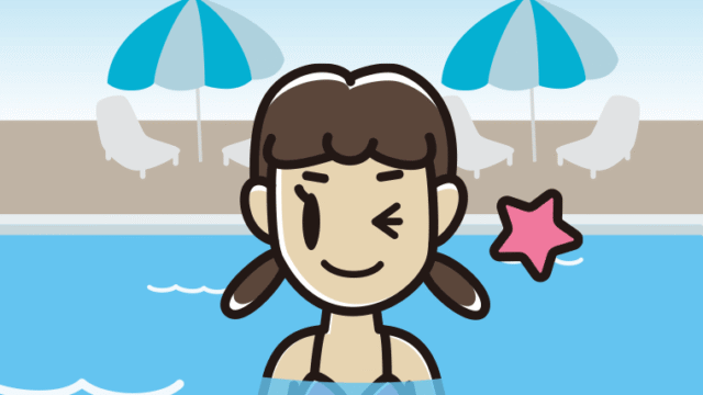 プールに入ってウインクする女子中学生のイラスト【色、背景あり】PNG