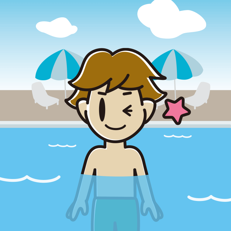 プールに入ってウインクする男子高校生のイラスト【色、背景あり】PNG