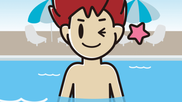 プールに入ってウインクする男子大学生のイラスト【色、背景あり】PNG