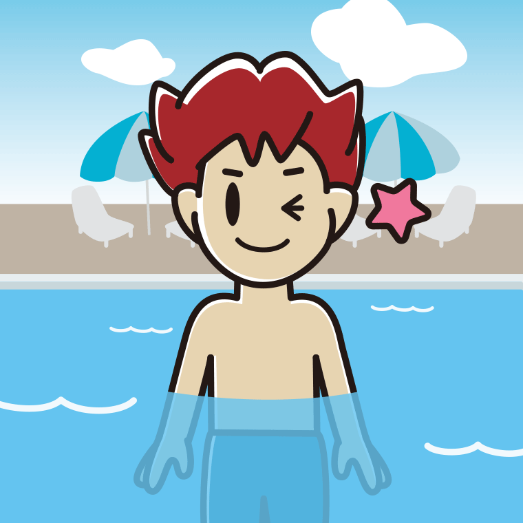 プールに入ってウインクする男子大学生のイラスト【色、背景あり】PNG