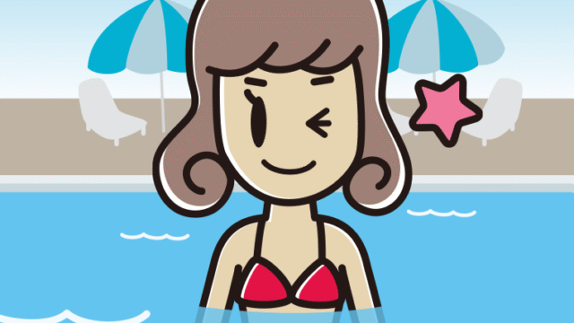 プールに入ってウインクする女子大学生のイラスト【色、背景あり】PNG