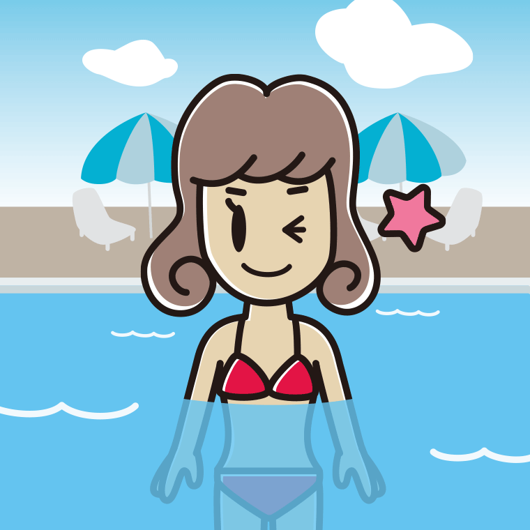 プールに入ってウインクする女子大学生のイラスト【色、背景あり】PNG