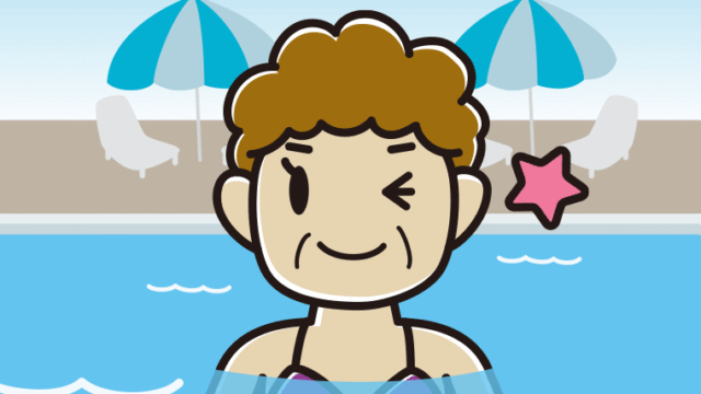 プールに入ってウインクするおばさんのイラスト【色、背景あり】PNG