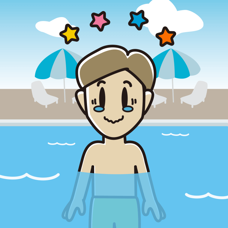 プールに入ってジーンとする男性のイラスト【色、背景あり】PNG