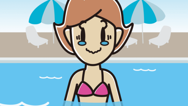 プールに入ってジーンとする女性のイラスト【色、背景あり】PNG