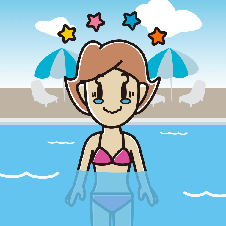 プールに入ってジーンとする女性のイラスト【色、背景あり】PNG