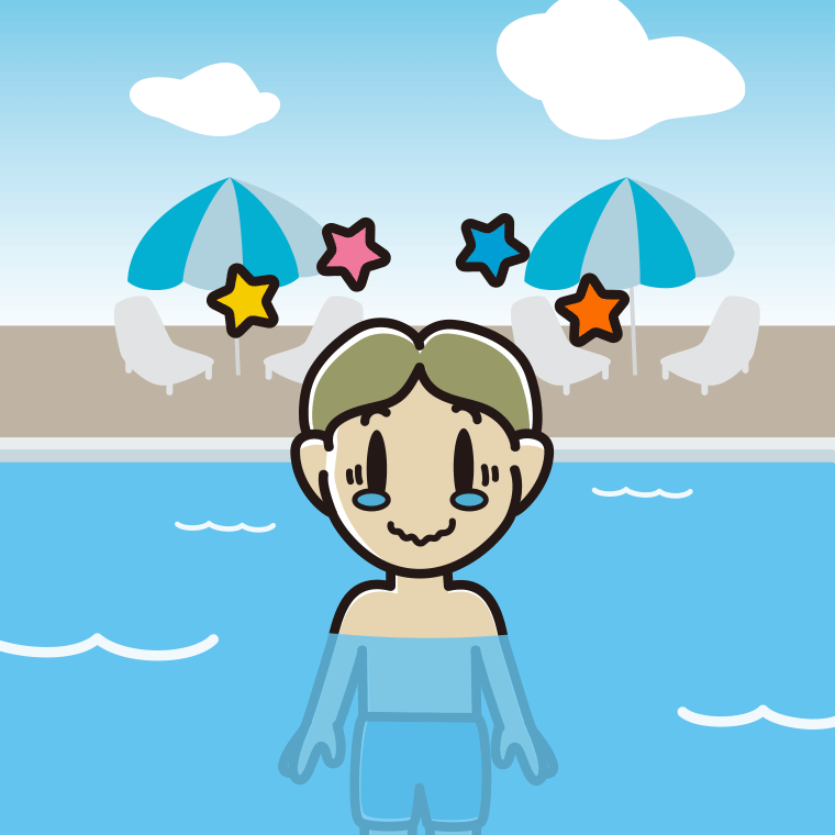 プールに入ってジーンとする小学生男子のイラスト【色、背景あり】PNG