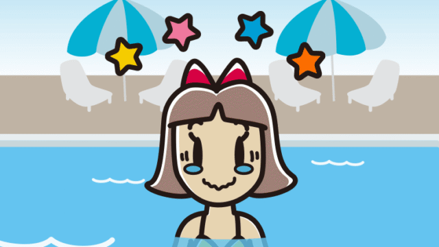 プールに入ってジーンとする小学生女子のイラスト【色、背景あり】PNG