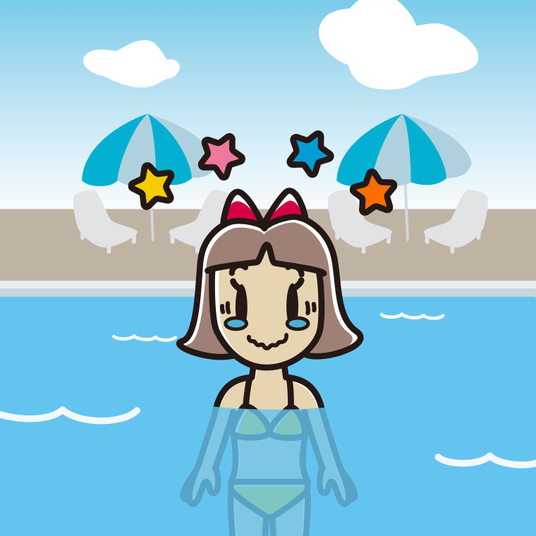プールに入ってジーンとする小学生女子のイラスト【色、背景あり】PNG