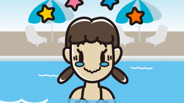 プールに入ってジーンとする女子中学生のイラスト【色、背景あり】PNG