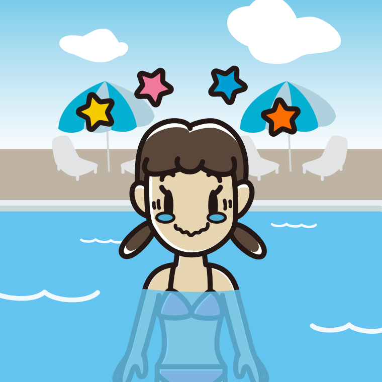 プールに入ってジーンとする女子中学生のイラスト【色、背景あり】PNG