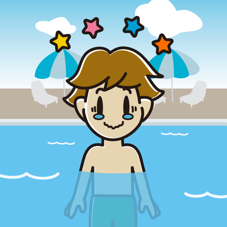 プールに入ってジーンとする男子高校生のイラスト【色、背景あり】PNG
