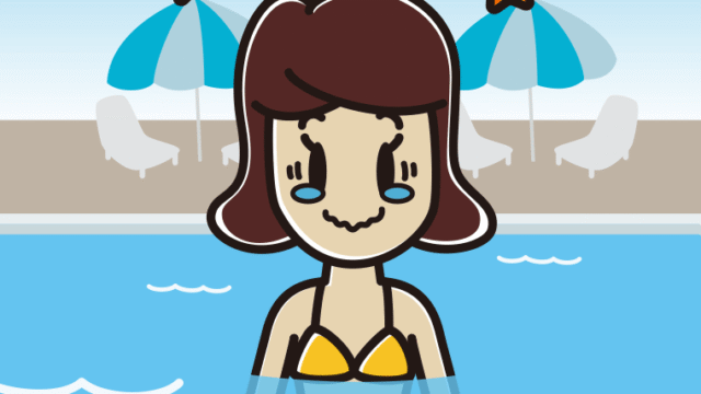 プールに入ってジーンとする女子高校生のイラスト【色、背景あり】PNG