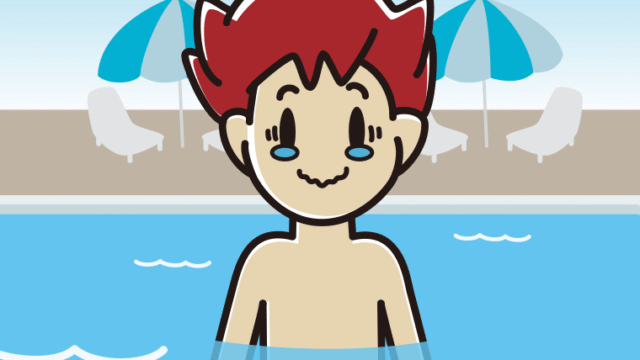 プールに入ってジーンとする男子大学生のイラスト【色、背景あり】PNG