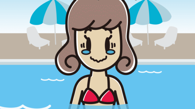 プールに入ってジーンとする女子大学生のイラスト【色、背景あり】PNG