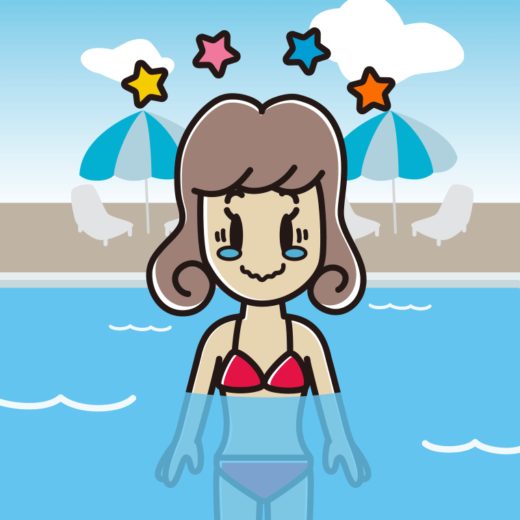 プールに入ってジーンとする女子大学生のイラスト【色、背景あり】PNG