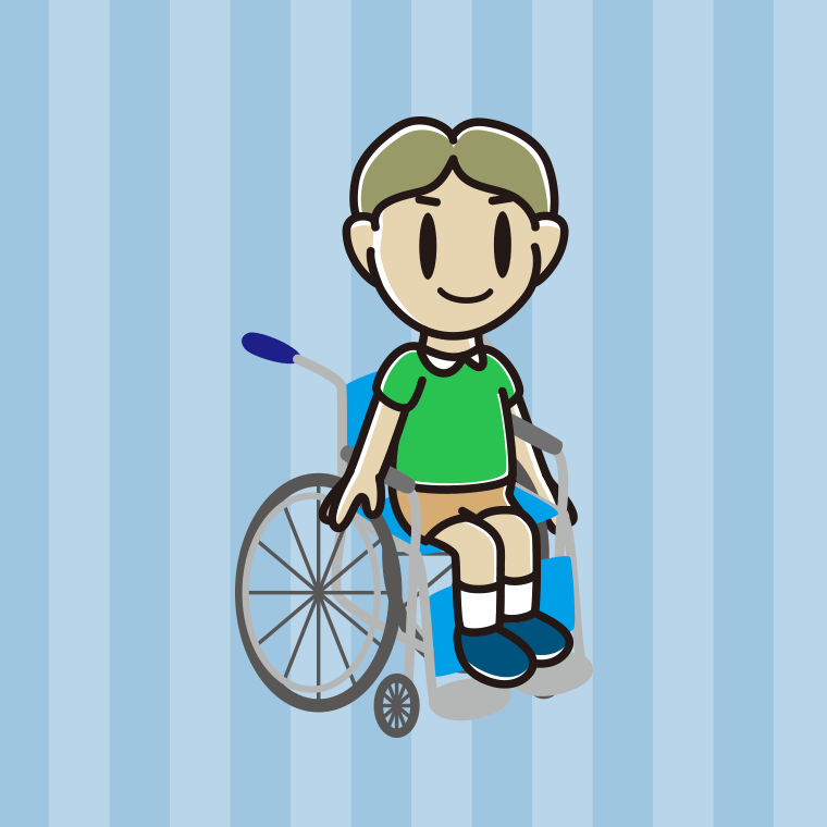 車椅子に座る小学生男子のイラスト【色、背景あり】PNG