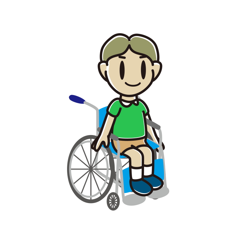 車椅子に座る小学生男子のイラスト【色あり、背景なし】透過PNG