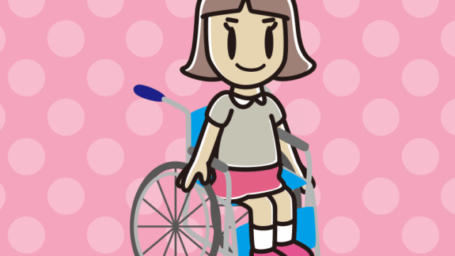 車椅子に座る小学生女子のイラスト【色、背景あり】PNG