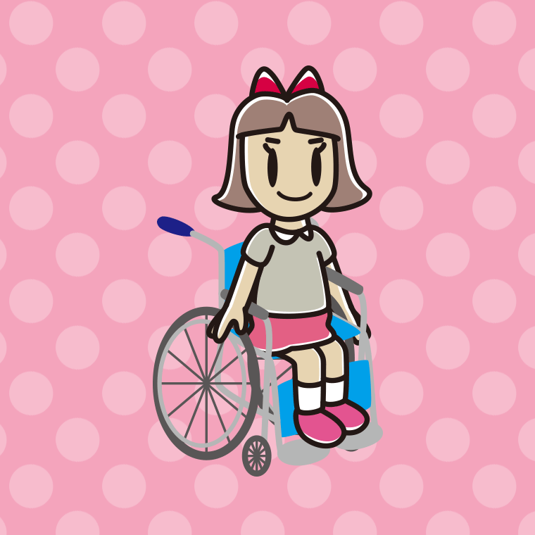 車椅子に座る小学生女子のイラスト【色、背景あり】PNG