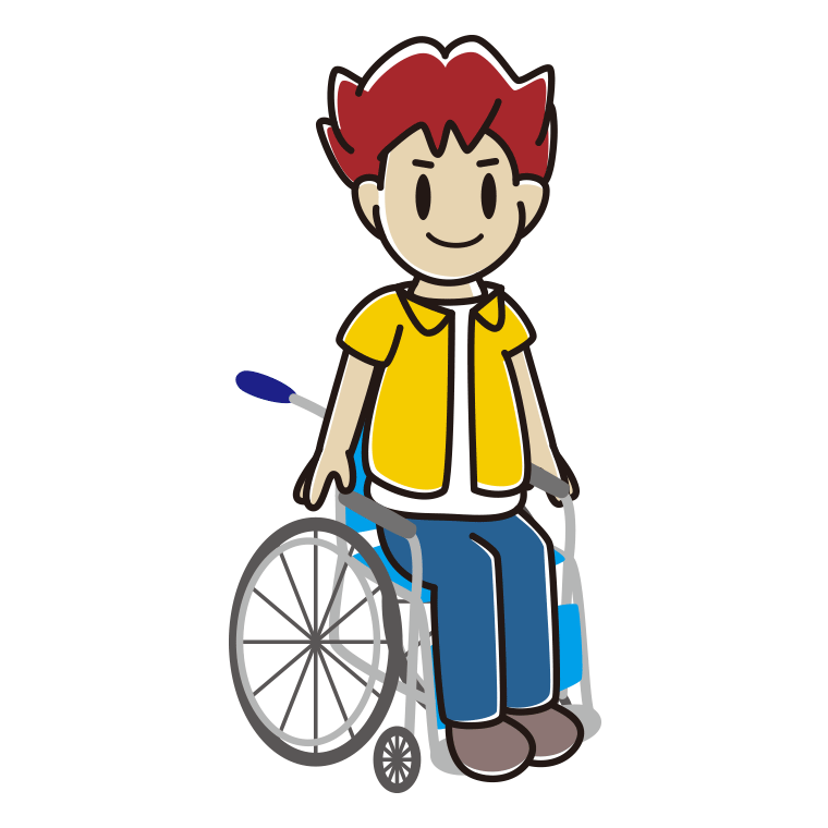 車椅子に座る男子大学生のイラスト【色あり、背景なし】透過PNG
