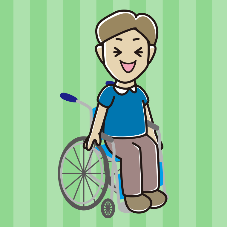 車椅子で笑う男性のイラスト【色、背景あり】PNG