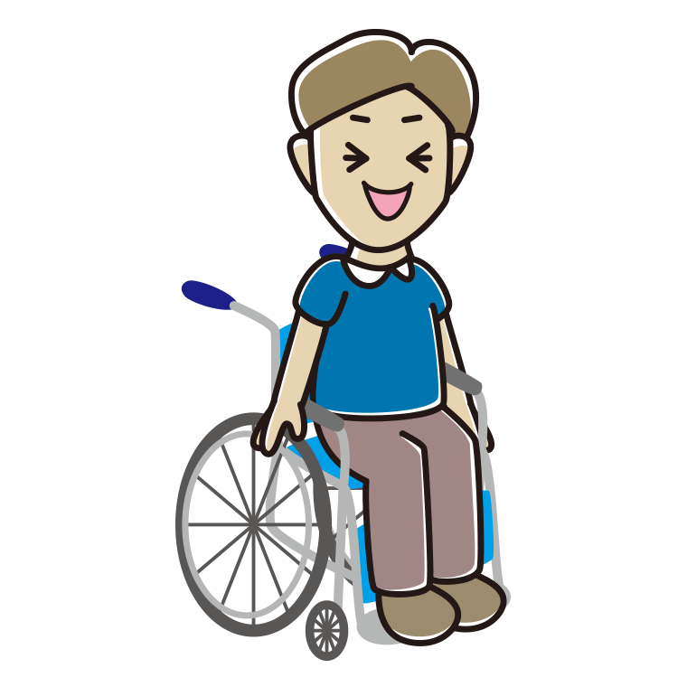 車椅子で笑う男性のイラスト【色あり、背景なし】透過PNG