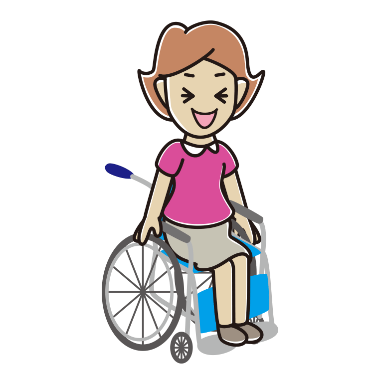 車椅子で笑う女性のイラスト【色あり、背景なし】透過PNG
