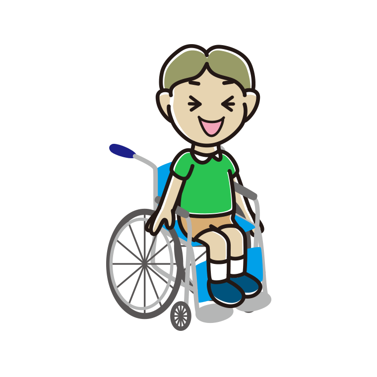 車椅子で笑う小学生男子のイラスト【色あり、背景なし】透過PNG