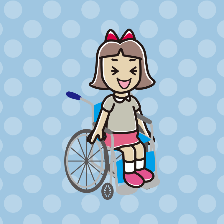 車椅子で笑う小学生女子のイラスト【色、背景あり】PNG
