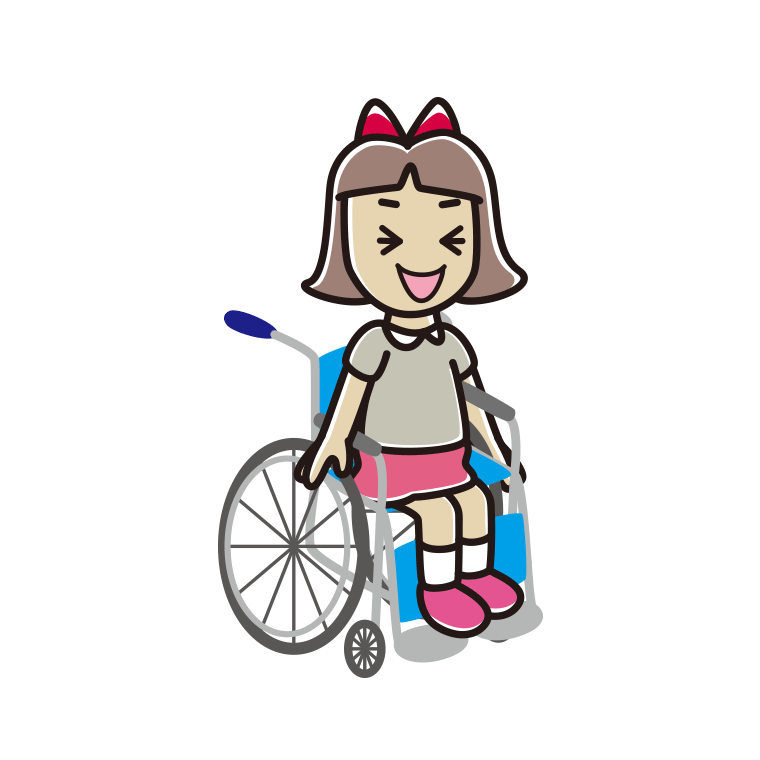 車椅子で笑う小学生女子のイラスト【色あり、背景なし】透過PNG