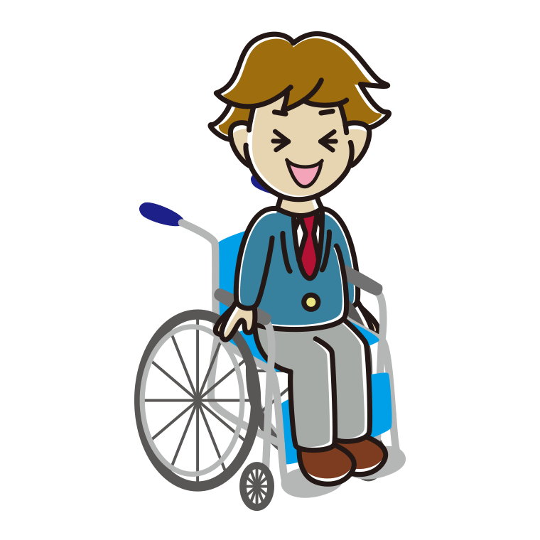 車椅子で笑う男子高校生のイラスト【色あり、背景なし】透過PNG