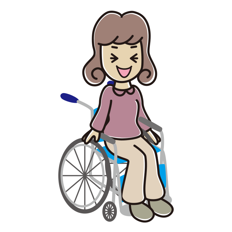 車椅子で笑う女子大学生のイラスト【色あり、背景なし】透過PNG