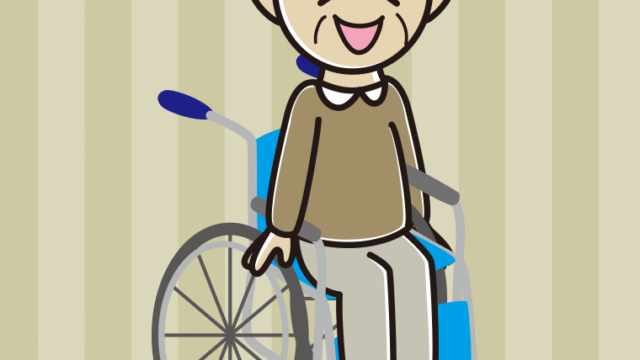 車椅子で笑うおじいさんのイラスト【色、背景あり】PNG